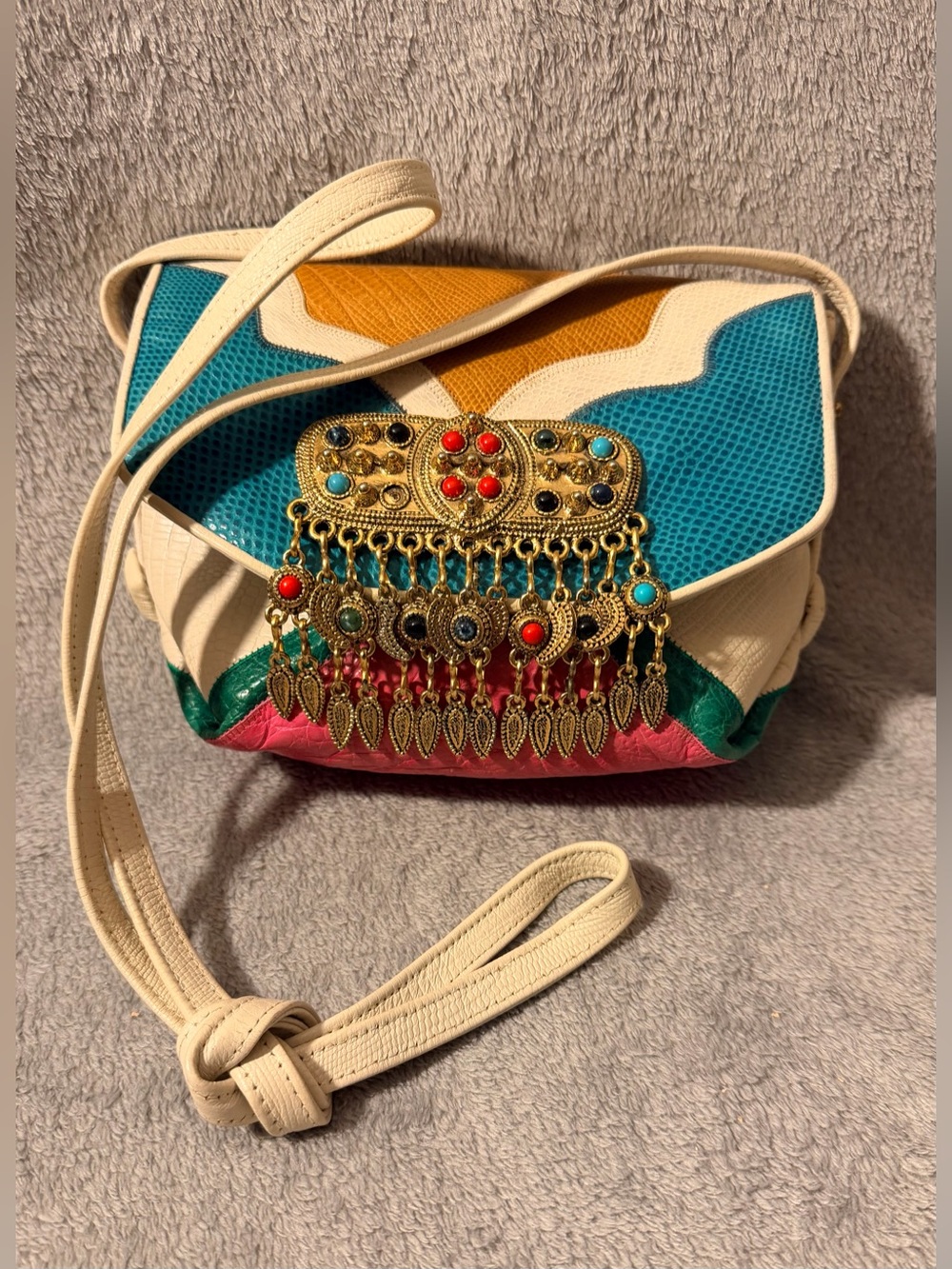 Sharif Multicolored Vintage 80s Leather Crossbody with Ornate Jeweled Accent